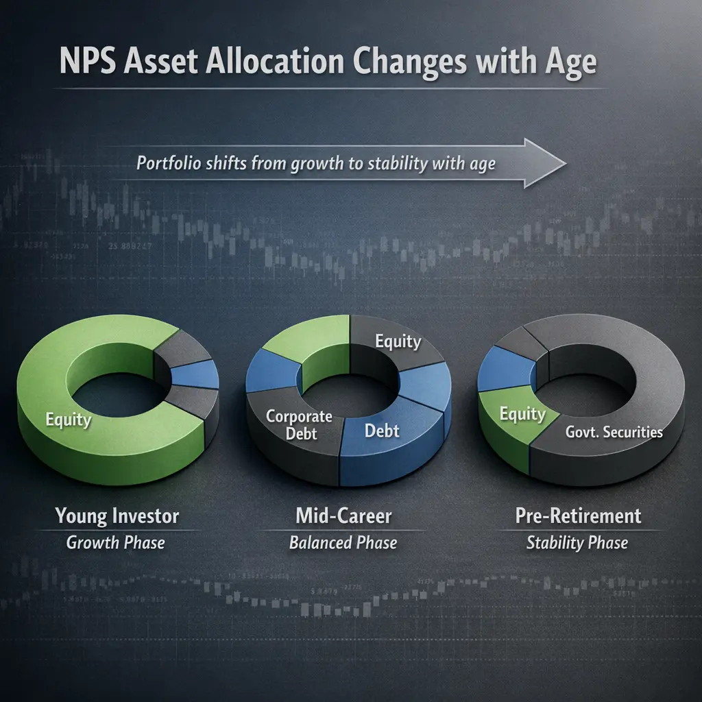 NPS asset allocation changes with age showing equity, corporate debt, and government securities from young to pre-retirement stage