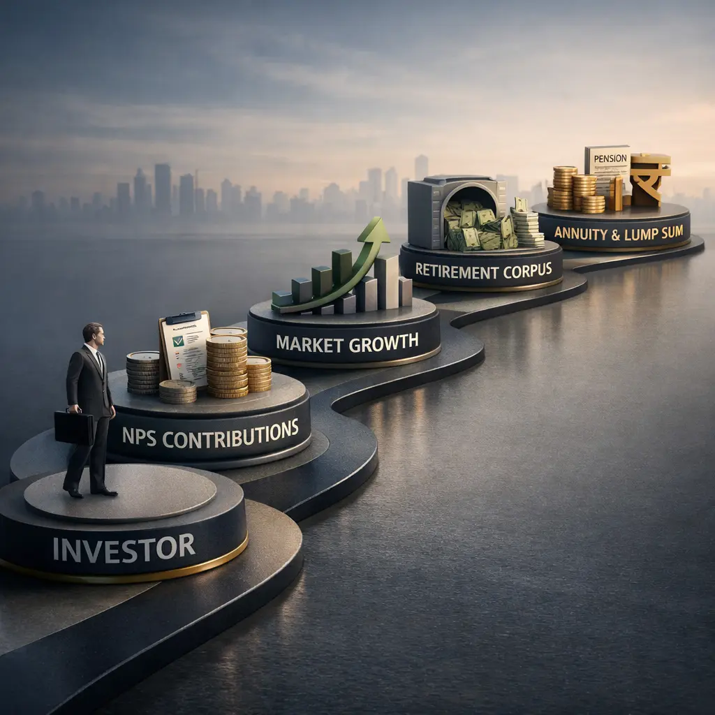 NPS investment journey illustrating contributions, market growth, retirement corpus, and annuity or lump sum withdrawal