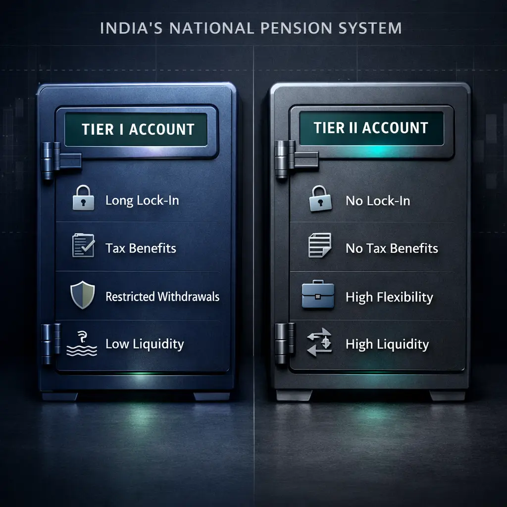 Comparison of NPS Tier I and Tier II accounts showing lock-in period, tax benefits, liquidity, and flexibility