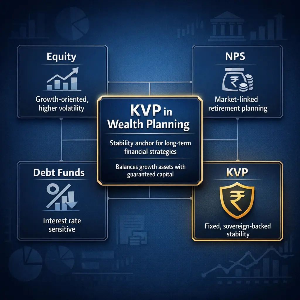 Infographic showing the strategic role of Kisan Vikas Patra (KVP) in long-term wealth planning alongside equity, NPS, and debt instruments.