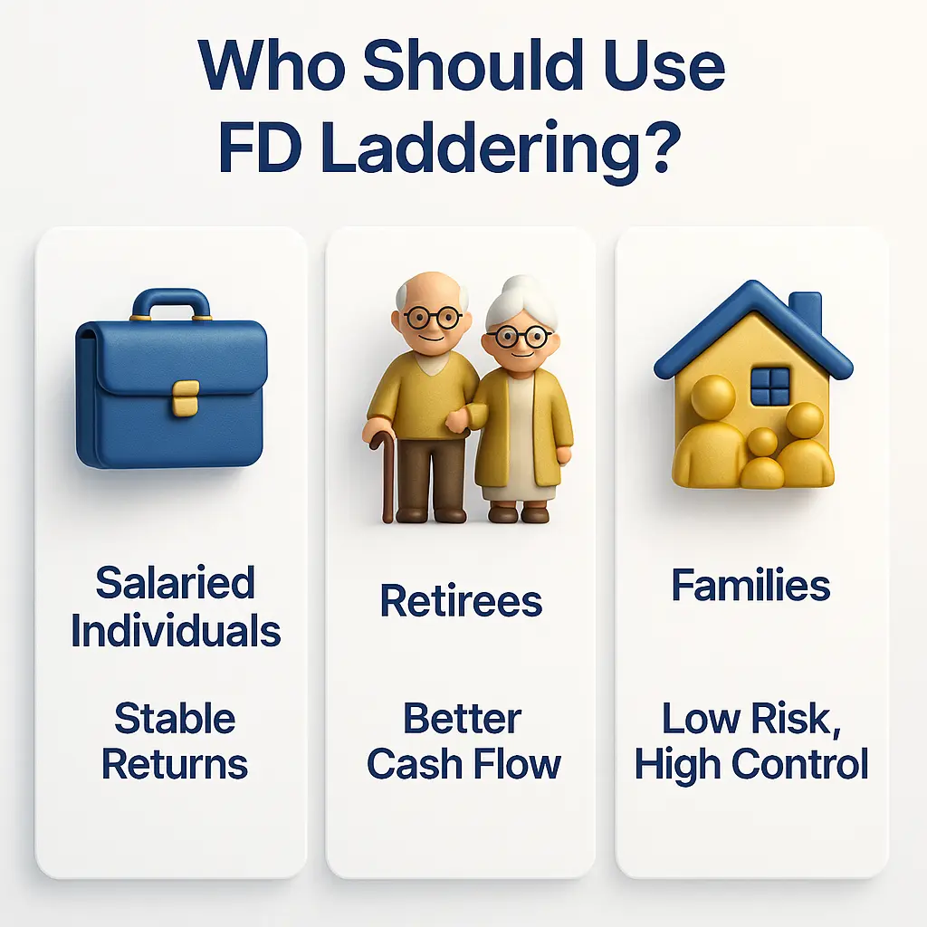 Infographic showing FD laddering suitability for salaried individuals, retirees, and families, explaining How to get better returns from FD