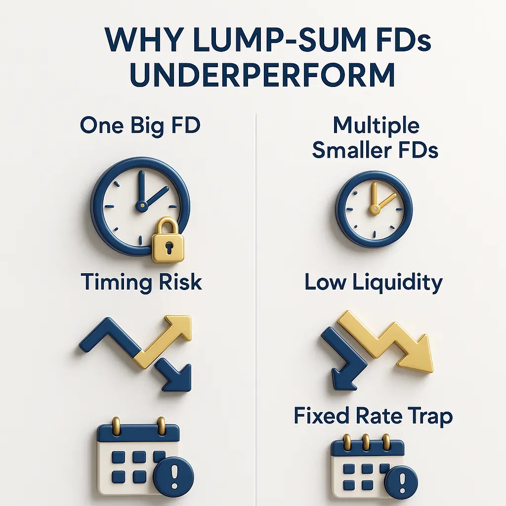 Comparison of one big FD vs multiple smaller FDs with timing risk, low liquidity, and fixed rate trap explaining How to get better returns from FD